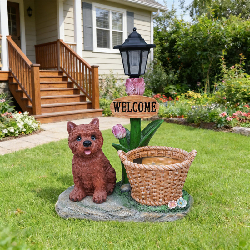 Statue d'extérieur de jardinière solaire chiot assis