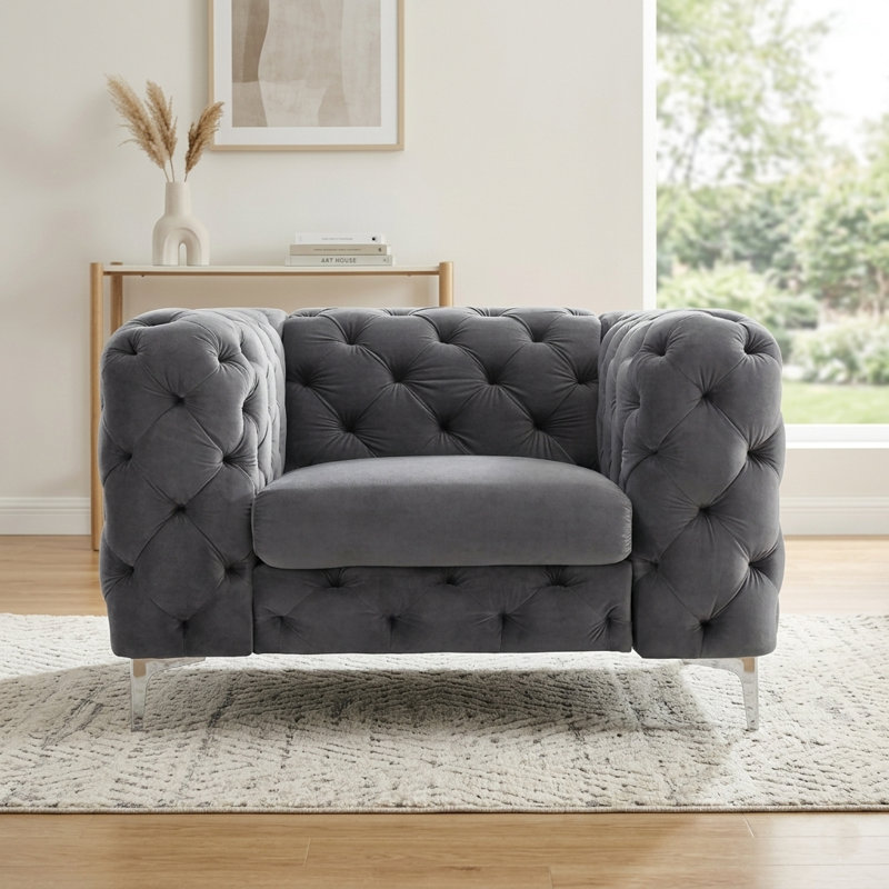 Willa 48" Wide Tufted Velvet Chesterfield Accent Chair with Chrome Legs, Gray Velvet, Chrome