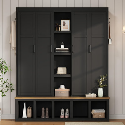Arbre d'entrée 4 en 1 de 62,9 po de style campagnard avec 6 crochets de suspension, banc à grain de bois pour vestibule avec compartiments ouverts, armoire à chaussures pour l'entrée avec banc de sièges pour le salon, couloir, noir