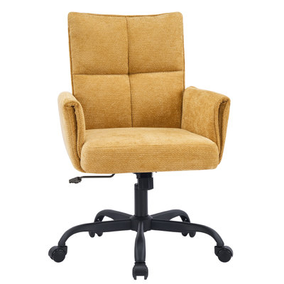  Modern Upholstered Swivel Chair with Wheels, Adjustable High Back Tufted Desk Chair for Home Office, Comfortable Fabric Task Chair with Arms and Metal Base