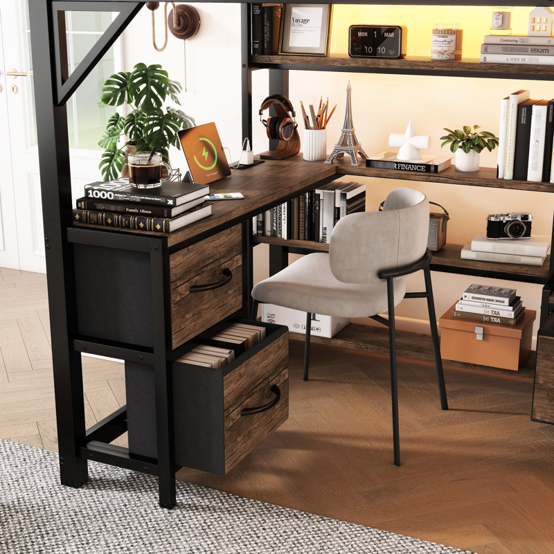 Lit mezzanine double en métal avec bureau et garde-robe, avec lumières DEL, cadre robuste pour station de charge, rangement pour garde-robe