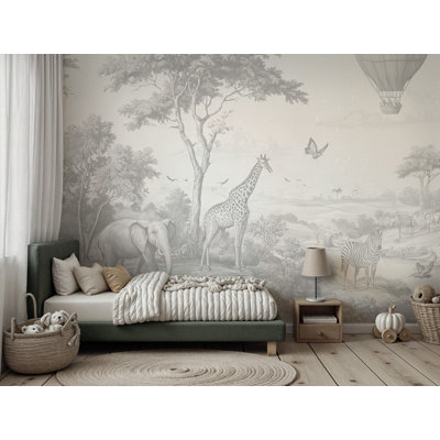 Light Grey Safari Animal Wallpaper Mural With Giraffe, Elephant and Hot Air Balloons