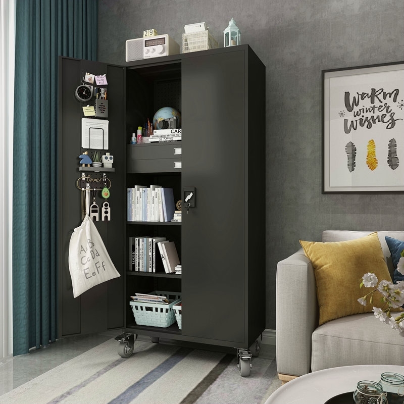 Metal Storage Cabinet With Doors & Adjustable Shelves, 72 Inch Black Lockable Garage Cabinet With Wheels & Drawers & Pegboard