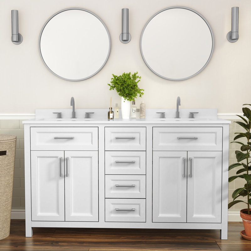 White Double Bathroom Vanity with Gold Hardware and Marble Top