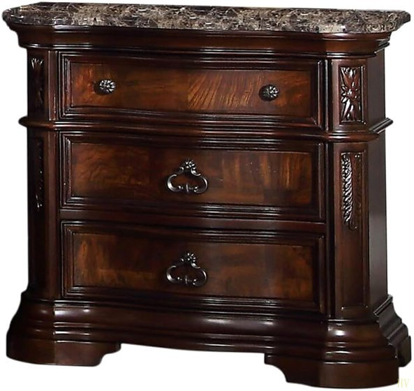 Table de chevet traditionnelle avec dessus en faux marbre, table de chevet 3 tiroirs en bois massif