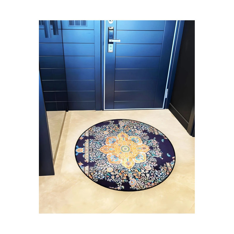 Antique Pattern Woven Base Modern Decorative Carpet With Orange Details In Navy Blue Tones, Round 3'4"