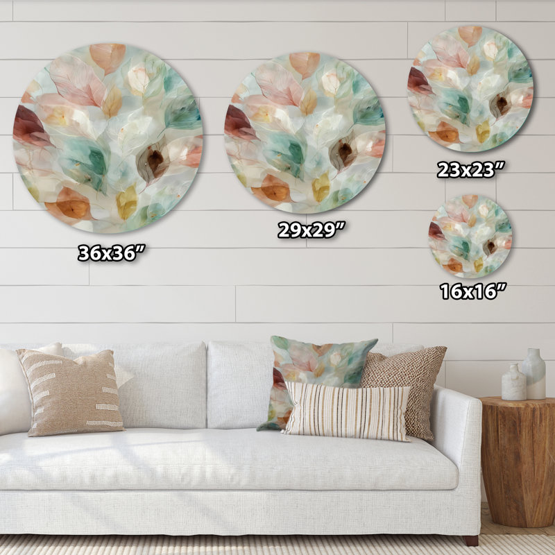 Douces feuilles en aquarelle brumeuse - Plantes, décoration murale ronde en métal, L 29 po x H 29 po
