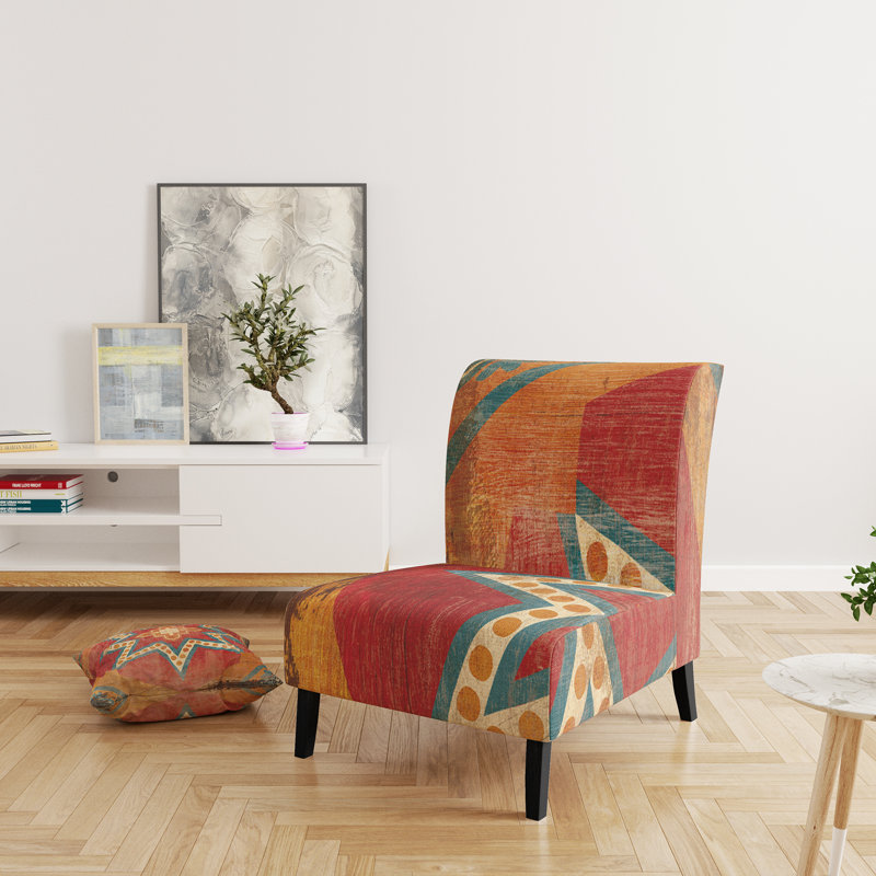 Moroccan Orange Tiles Collage I - Velvet Bohemian Chic Upholstered Slipper Chair, Orange/Red