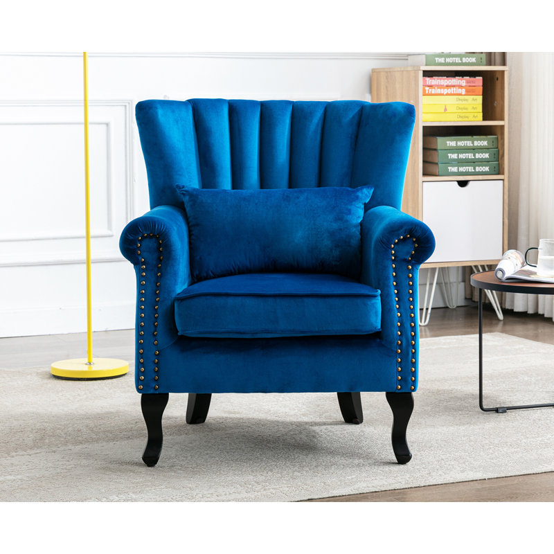Fauteuil à oreilles en velours bleu sarcelle avec coussin Dorava, Bleu