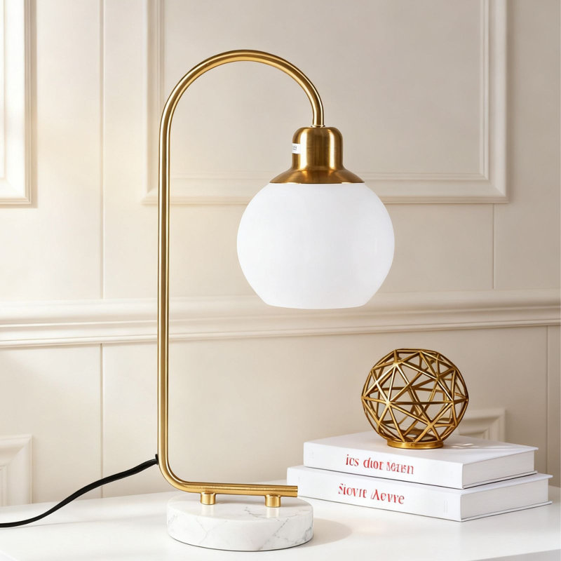 20“ Spherical Glass Lampshade and Marble Table Lamp , Bulb Included, Gold/White