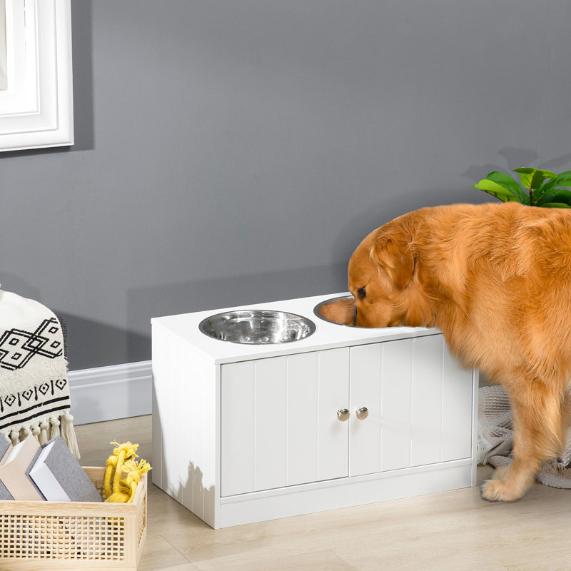 Elevated Pet Bowl Cabinet With Storage - 67.6 Oz Capacity, 22.5" L X 11" W H, White Food 11.61" 14" 44L Space, Stand