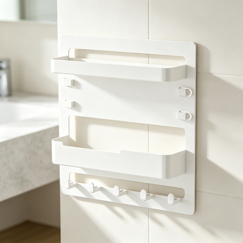 2‑Tier Adhesive Bedside Shelf with Hooks, White