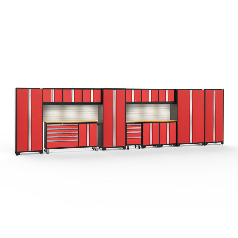 Bold Series 15 Piece Garage Storage Cabinet Set, Bamboo, LED Light, Red