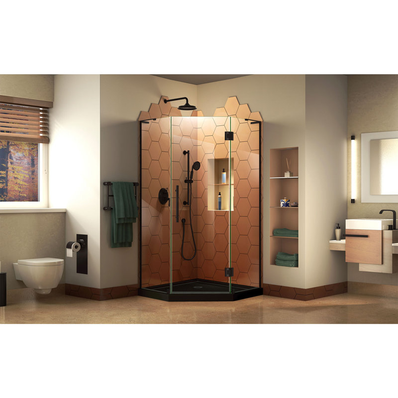Prism Plus 38" W x 38" D x 74.75" H Frameless Neo-Angle Shower Enclosure with Base Included, Matte Black/Black