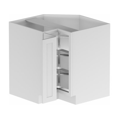 Meuble bas d'angle en contreplaqué blanc Kindwood Eco Shaker, 84 cm (L) x 61 cm (P) x 88 cm (H), à monter soi-même, avec plateau tournant.