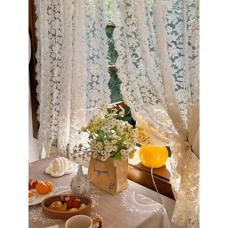 2 Panels French Curtains Lace Gauze for Living Room Cream Retro Wavy Edge Bedroom Bay Window Embroidery Curtain Door White Tulle Rod Pocket