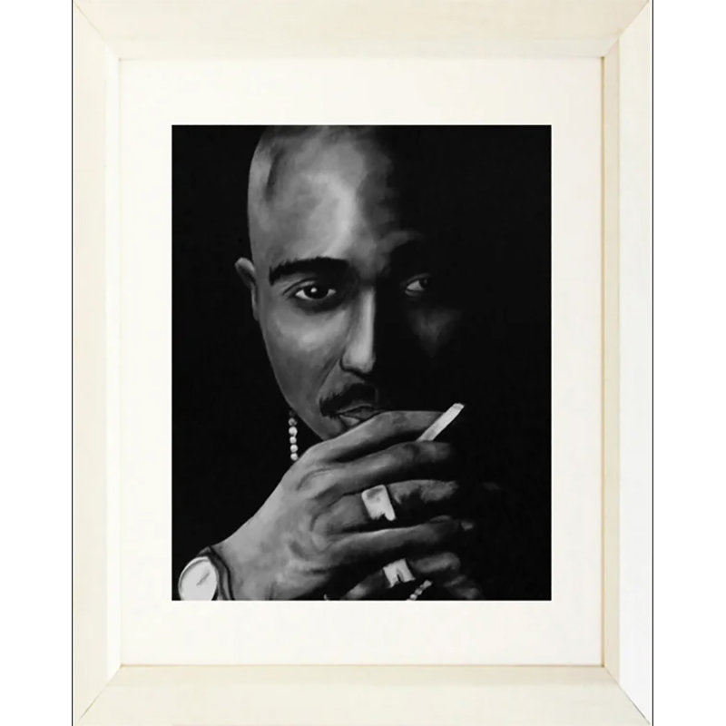 «Tupac Shakur», reproduction de peinture acrylique, H 10 po x l 8 po x P 1 po, Papier avec cadre noir, Pas de tapis