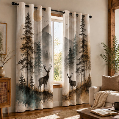 Lot de 2 rideaux occultants à motif de cerfs de forêt, style vintage, imprimé paysage rustique de pins et d'élans, pour la décoration de votre salon, chambre ou bureau.
