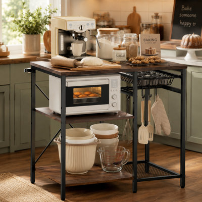 35.6 Inch Walnut Finish Kitchen Bakers Rack with 5 S Hooks Three Height Adjustable Shelves Coffee Rack Wire Storage Dual X Back Brace Six Adjustable Feet and Anti Tip Kit for Sideboard and Kitchen Island Extension Use