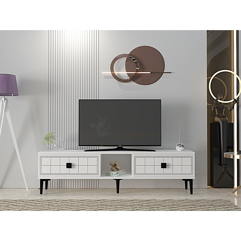 Modern White TV Stand, 59.1 x 16.1 x 11.8 inches | 100% Melamine Coated Particle Board, Thickness: 0.7 inches | Wall-Mountable Design, Stylish Geometric Look for Contemporary Living Rooms & Entertainment Spaces