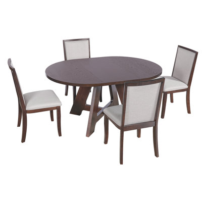 5-Piece Extendable Round Dining Table Set, Kitchen Table with Removable Leaf and 4 Upholstered Dining Chairs