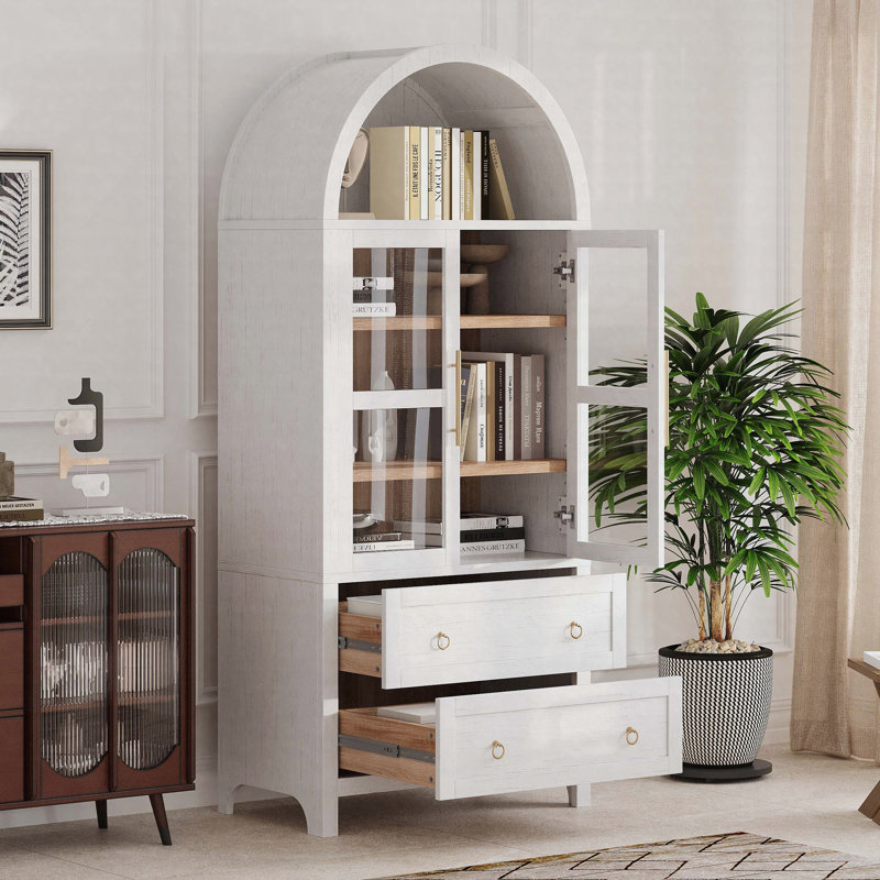 Grand garde-manger arqué de 71 po avec 2 grands tiroirs, armoires de cuisine de campagne moderne avec tablettes réglables, porte vitrée, armoire polyvalente en bois