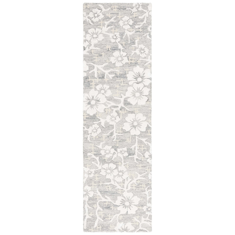 Sirish Hand Tufted Wool/Viscose/Cotton Floral Rug in Ivory/Gray, Runner 2'3" x 8'