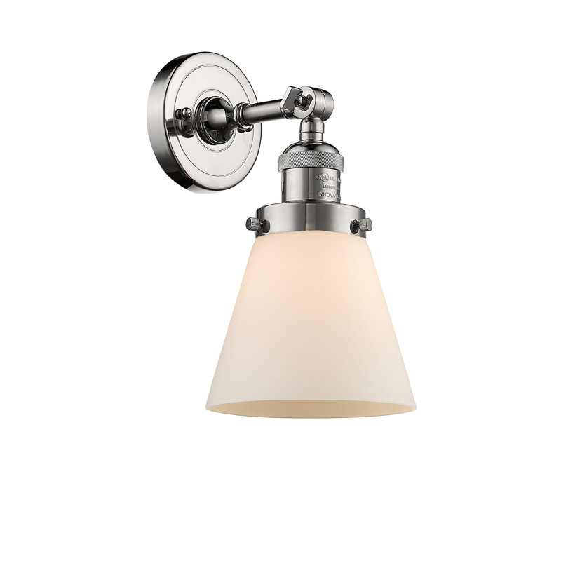 Cone 1 Light Sconce, Matte White Cased, 6 Watt Vinage LED Bulb, Polished Nickel