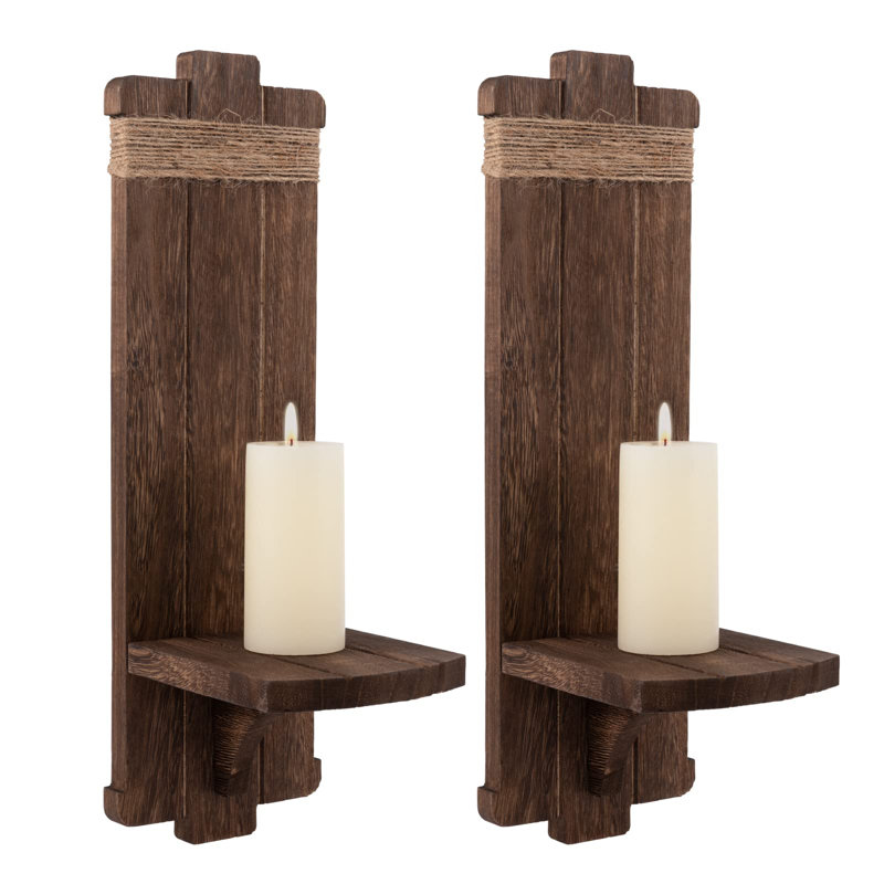 2Pcs Rustic Wall Hanging Candle Sconces- Farmhouse Wall Mounted Wooden Candle Holders For Flower Vase- Handmade Hanging Wall Sconces (Brown)