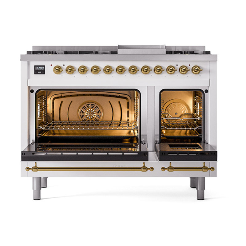 ILVE Nostalgie II Noblesse 48 in Dual Fuel Range, 8 Burner, Griddle, Liquid Propane, White/Brass