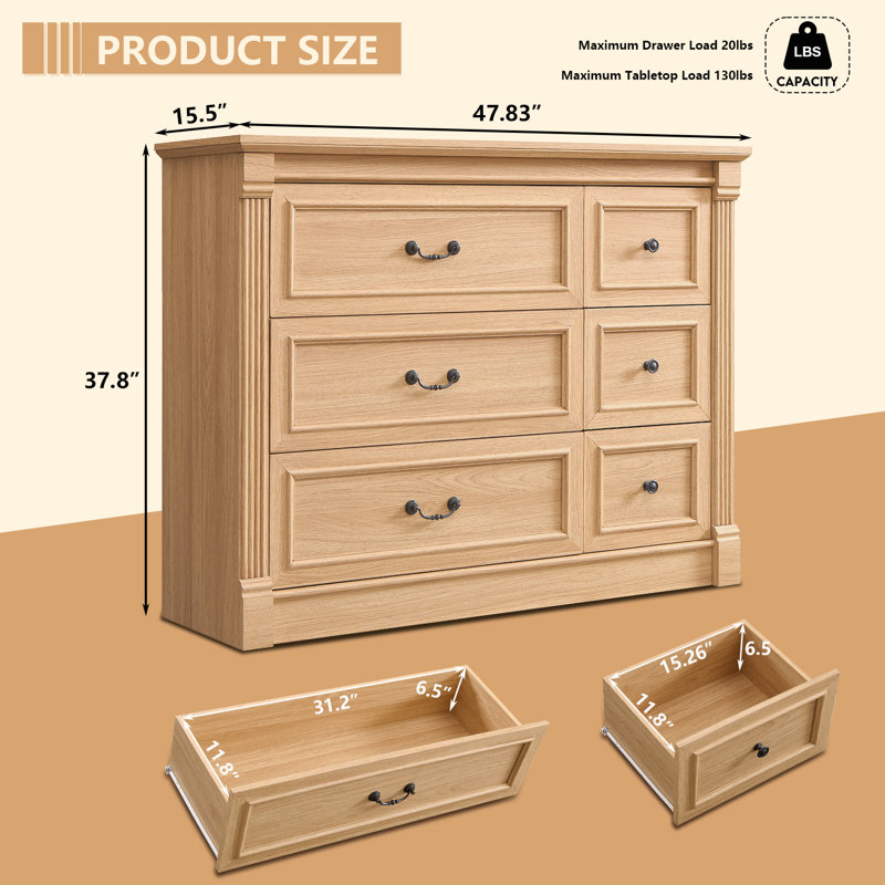 Commode 6 tiroirs Farmhouse pour chambre à coucher, commodes larges de 48 po et commodes avec colonne romaine, Naturel