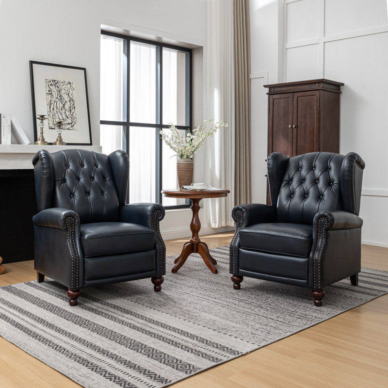 Aimee-Lea 31.5" Wide Genuine Leather Wing Chair Recliner, Navy