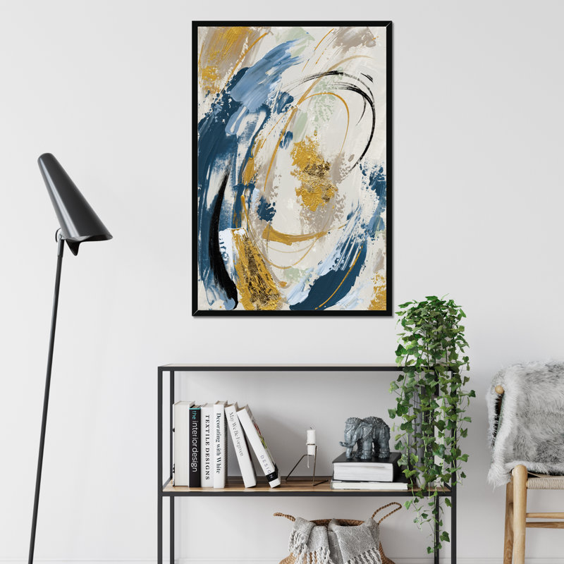 Blue Yellow Abstract - Painting, Black Framed Paper Print, 95cm H x 65cm W x 2.3cm D