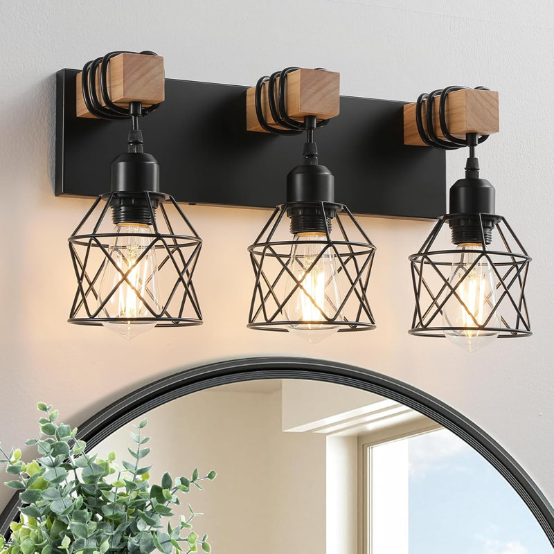 Éclairage de salle de bain 3 lumières, miroir mural industriel en bois noir