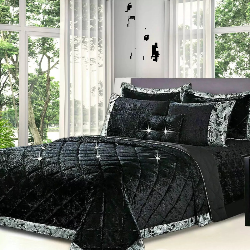 Polyester Bedspread with Pillow Shams, Black/Grey, Super King Quilt + 2 Standard Shams