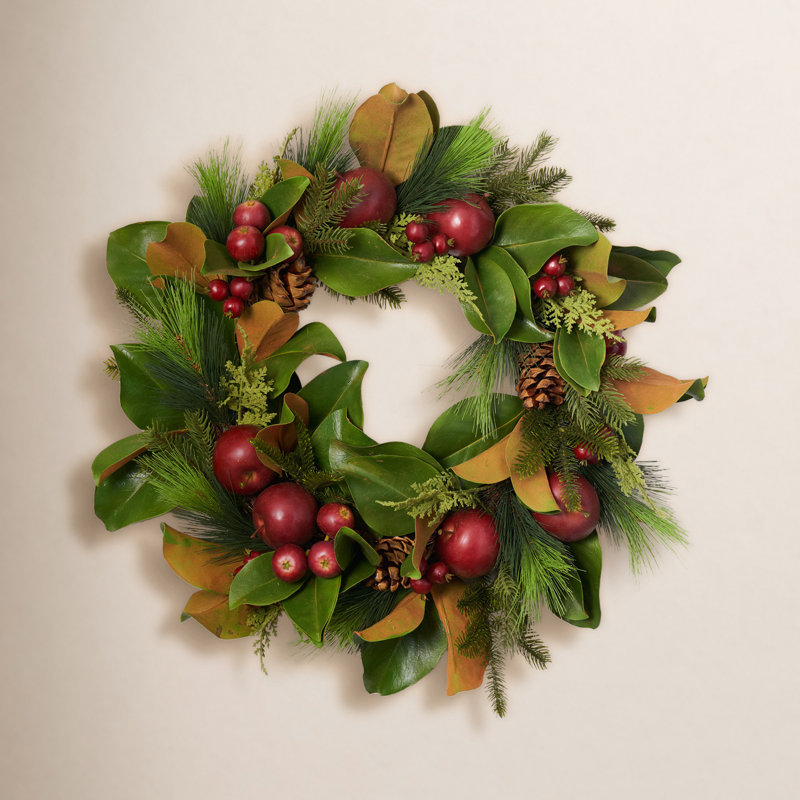 Real Touch Magnolia, Pine, Faux Red Apple & Pinecone Fall Christmas Front Door Wreath - 24"