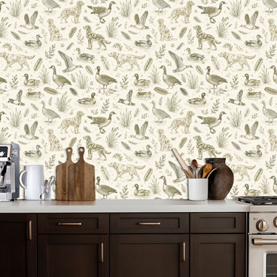 Peel and Stick Wallpaper Vintage Waterfowl Hunting Dogs Toile Sepia Neutral Tones Contact Paper Removable Self Adhesive Wall Mural Wall Decor for Bedroom Kitchen Cabinets 17.7in x 118in