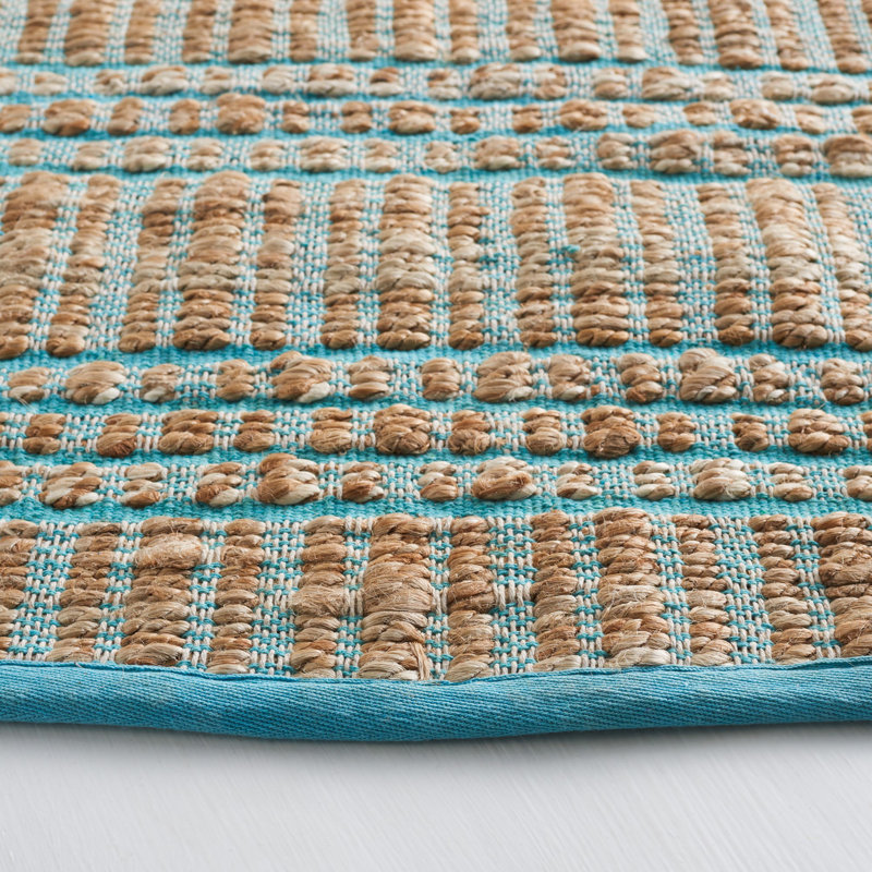 Sekani Natural Fiber Flat Weave Jute/Cotton Striped Rug in Teal/Natural, Square 6'6"