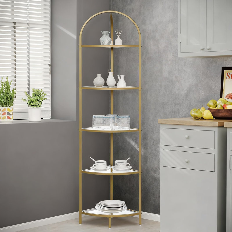 5-Tier Corner Shelf With Tempered Glass, Modern Metal Storage Rack For Bathroom, Books, And Plants, Space-Saving Design, Gold