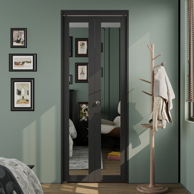 32" x 80" Mirrored Door Solid Manufactured Wood Bi-Fold Door With Installation Hardware Kit(Closet,Pantry)