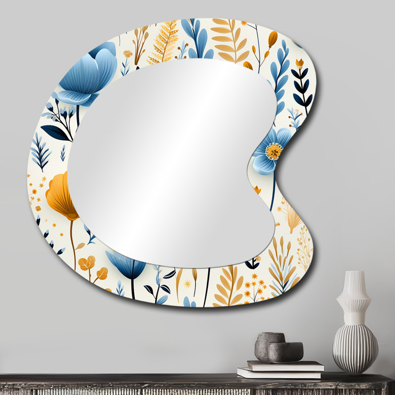 Mirari Blue And Yellow Farmhouse Pattern - Botanical Asymmetrical Wall Mirror, Blue Unique Shape Decorative Mirror, Printed Metal Art