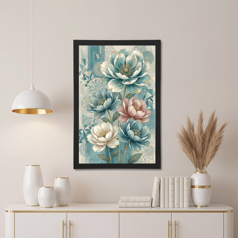 Toile murale représentant des pivoines turquoise, blanches et roses avec des accents dorés, H 30 po x l 20 po