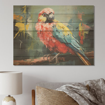 Pink And Green Parrots Floral Tree Harmony II - Parrot On Wood Print