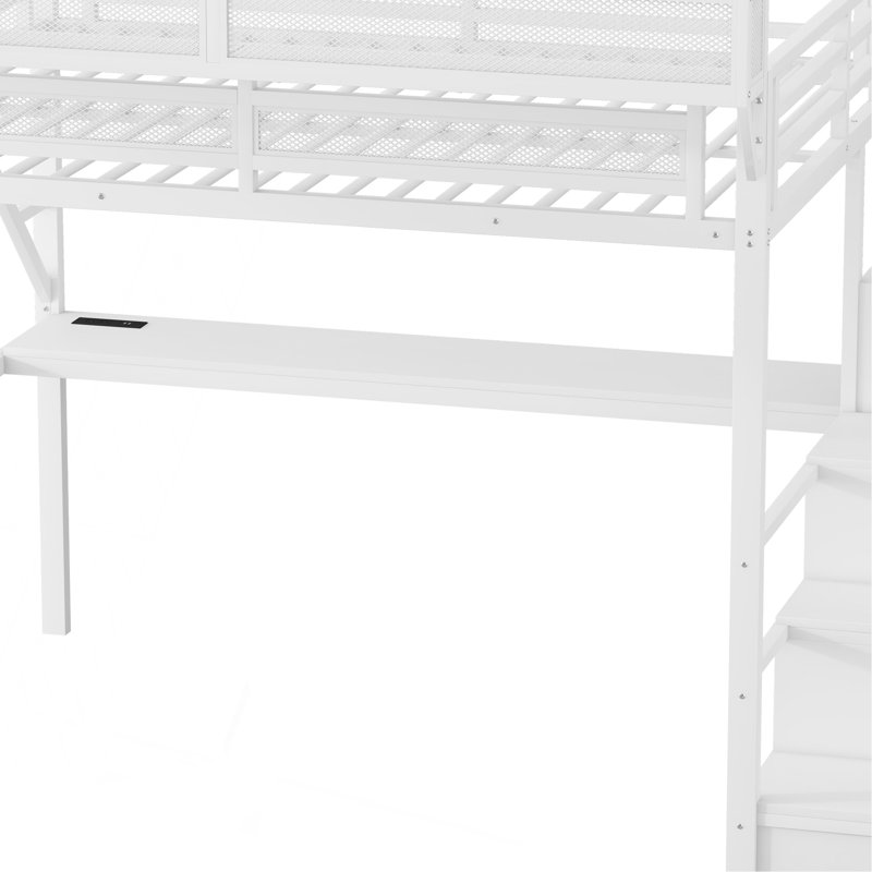 Lit mezzanine avec bureau et station de charge, lit mezzanine en métal avec escalier et lumière pour enfants adolescents