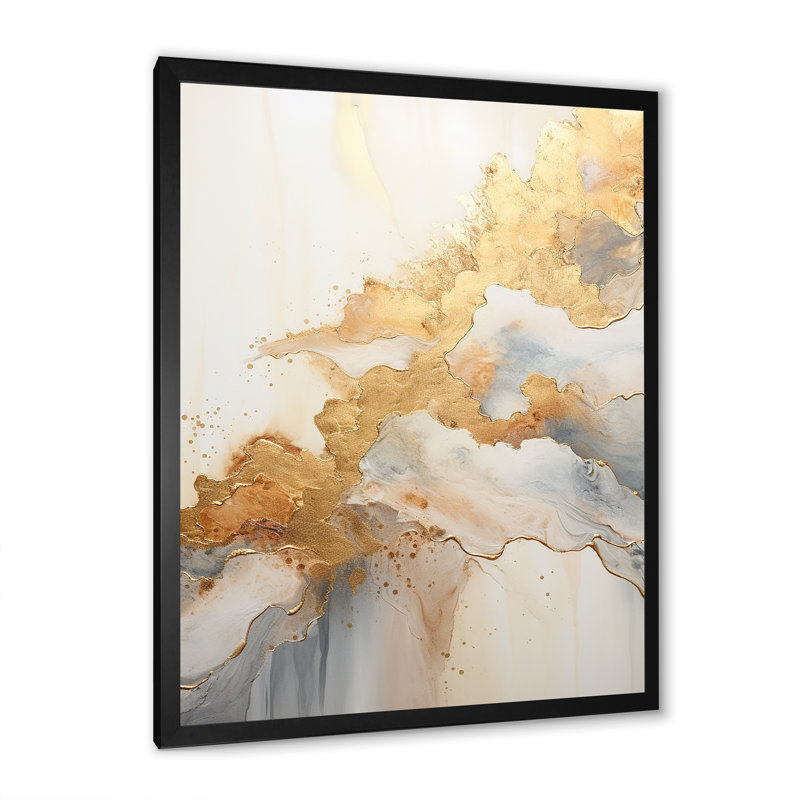 " Beige And Gold Minimalism River Mountain Wonders ", Black Single Picture Framed, 32"H x 16"W x 1"D