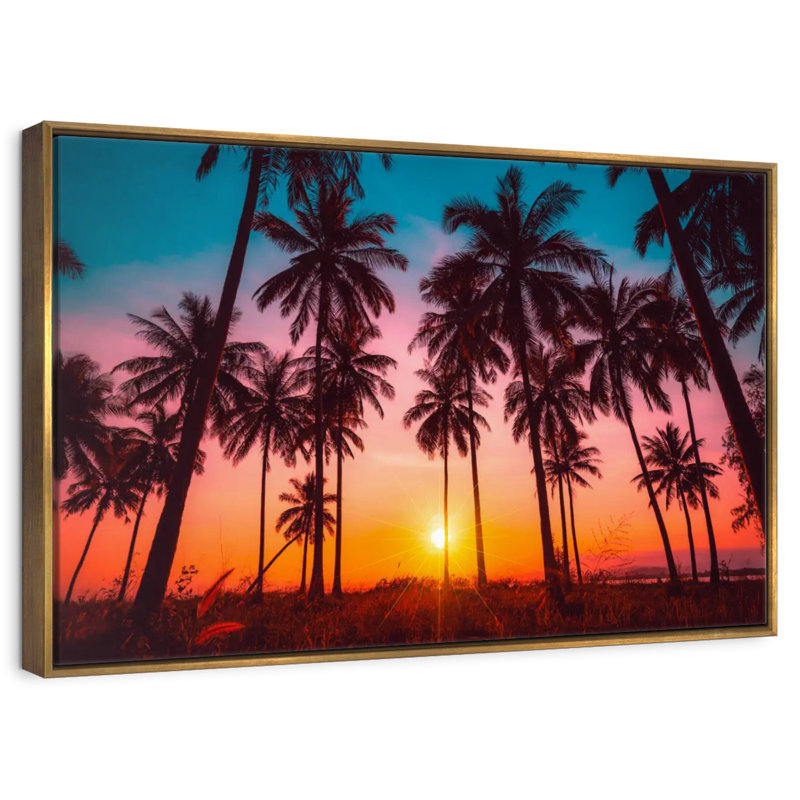 Silhouette coucher de soleil tropical, Cadre flottant doré, 31 po x 21 po
