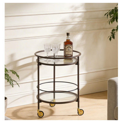 Chariot-bar rond moderne avec tablettes en verre trempé au fini brun café