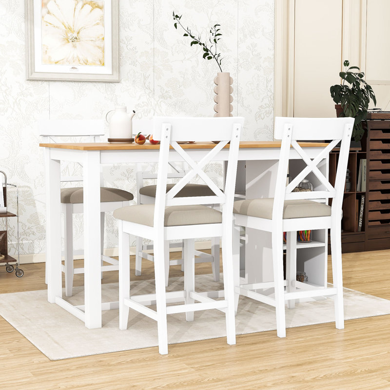 Devra 5-Piece Dining Set, Counter Height Wooden Table with 3-Tier Storage and Upholstered Chairs, Natural