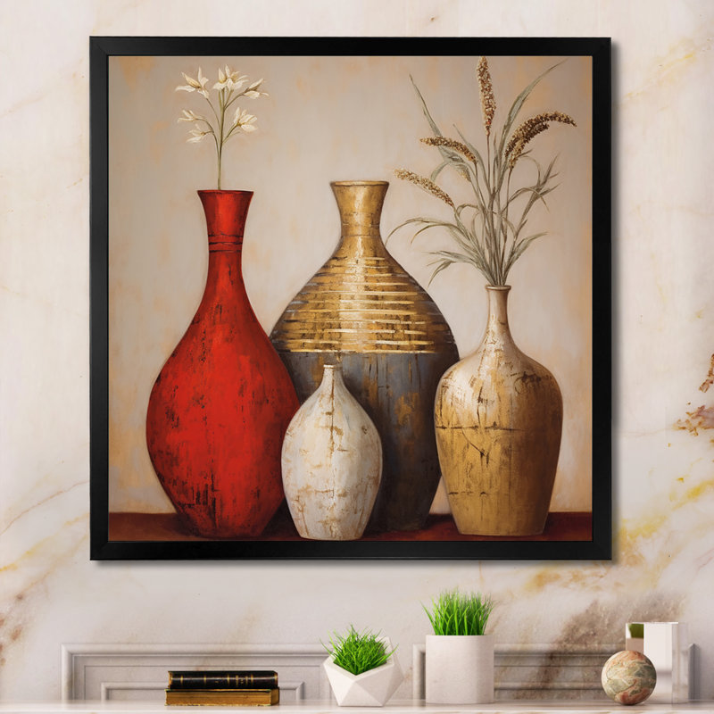 Cottage Vases rouges fleurs de blé séché I - art mural Boho Pottery pour le salon, Cadre simple noir