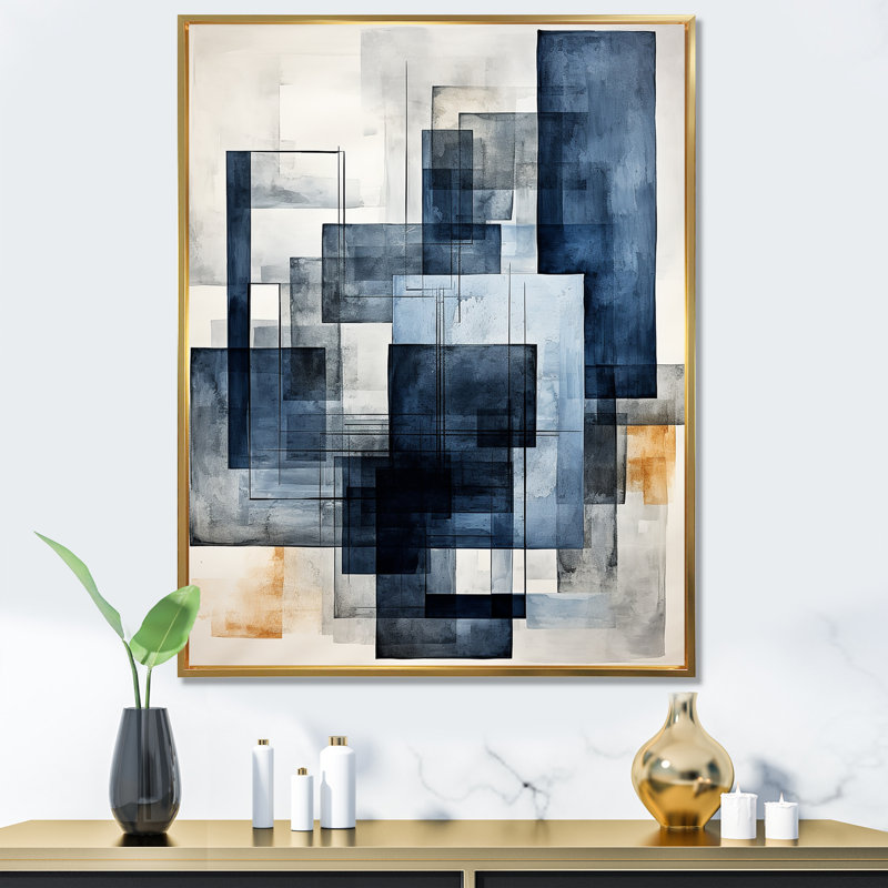 Indigo illusion formes abstraites - Formes abstraites d'art mural, Cadre flottant doré, H 20 po x l 12 po x P 1 po